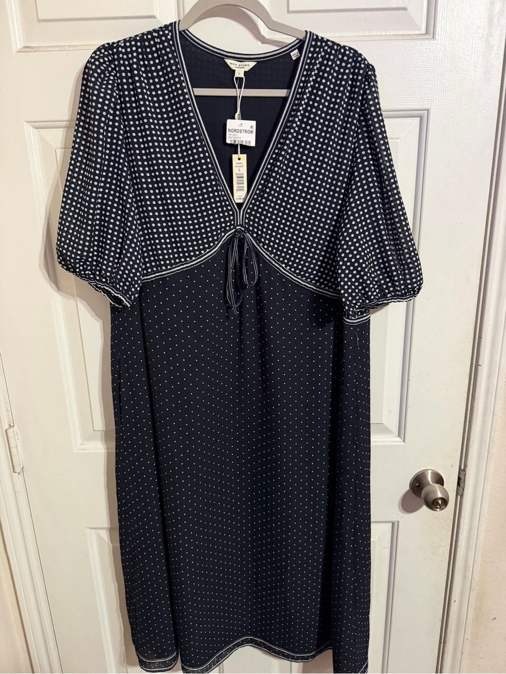 Max Studio Navy and White Polka Dot Midi Dress
